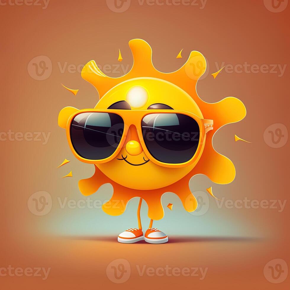 collection of happy, smiling, joyful cartoon style sun characters for summer, vacation design. Cartoon sun character wearing sunglasses. photo