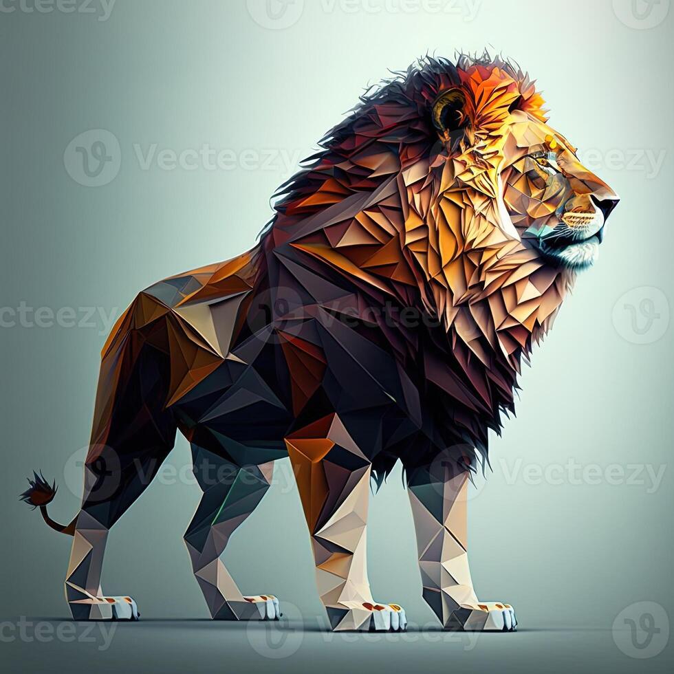 generativo ai ilustración de creativo de león hecho de vistoso geométrico formas en antecedentes. líder, coraje, fuerte y corajudo, majestuoso león foto