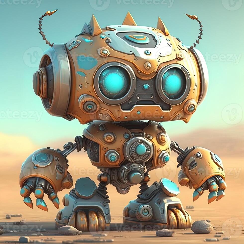 Cute white smiling robotic teen mini unit robot toy gesturing. Cute robot on a white backdrop with a pointing hand and a winking eye. technological idea. photo