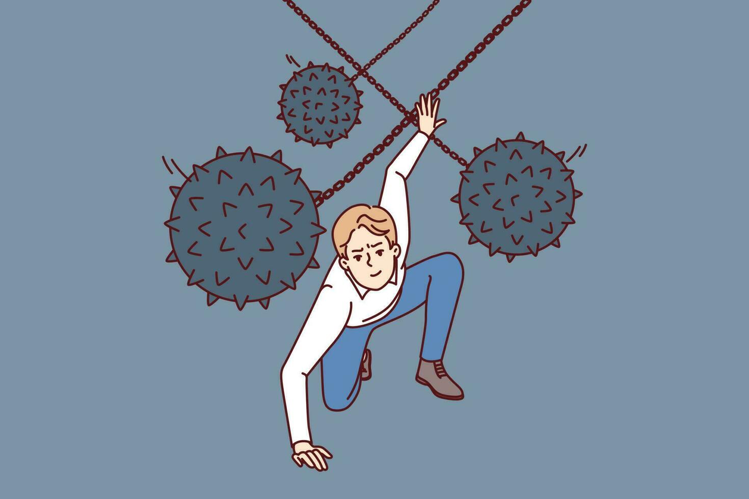 Brave man dodges prickly balls suspended from chain, symbolizing business problems and obstacles to success. Guy demonstrates leadership qualities by overcoming problems and adapting to situation vector