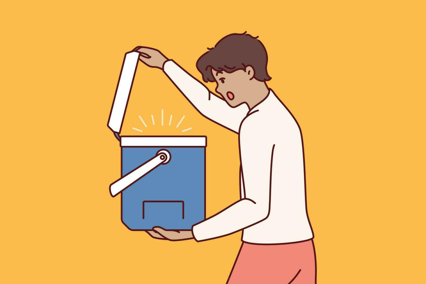 Surprised man opens portable refrigerator for ice cream or drink and is shocked to see contents. Young guy with portable refrigerator yells wow sees cool drinks for picnic or camping vector