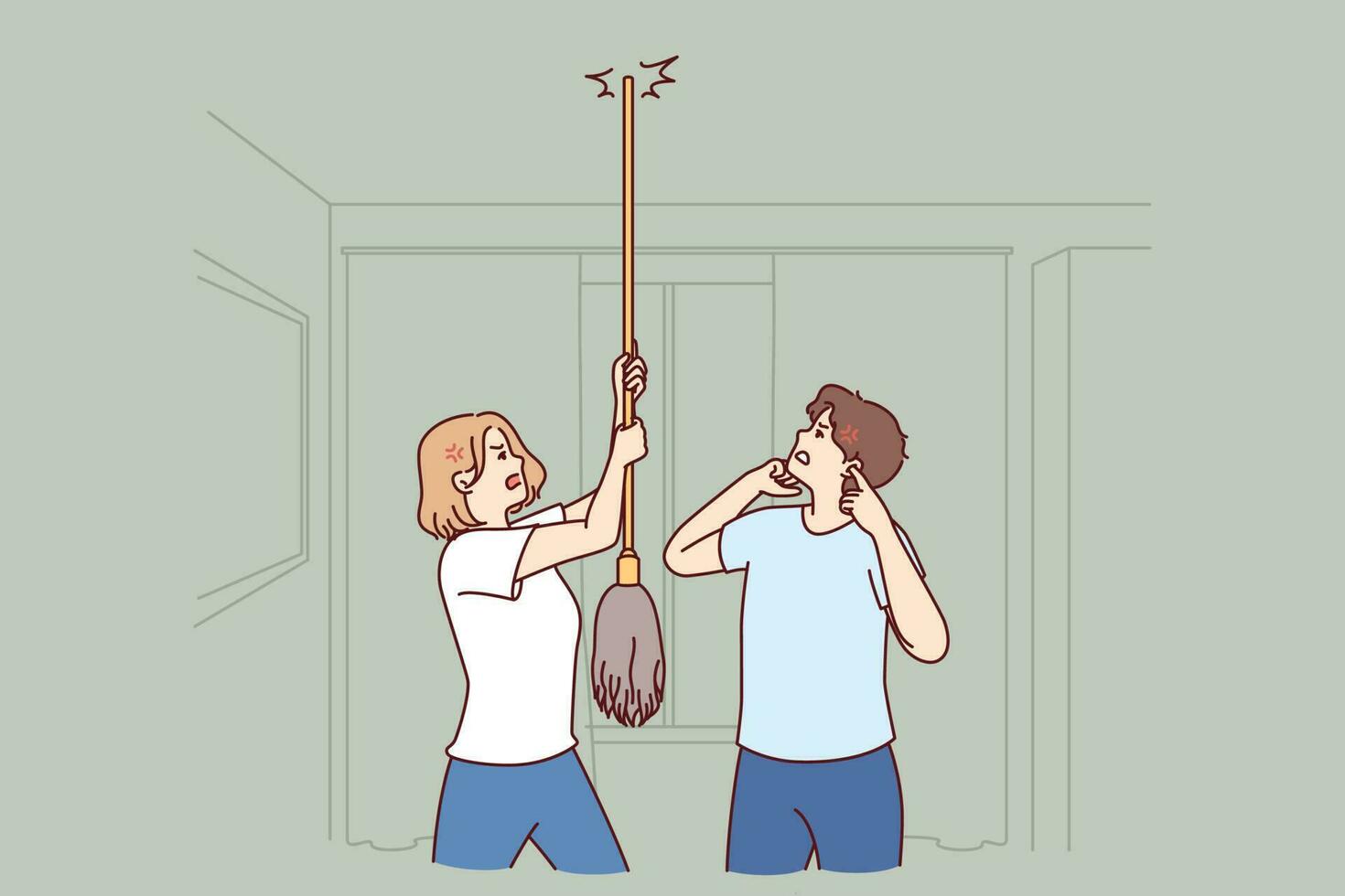 Young couple bangs on ceiling with mop urging neighbors to stop party or turn off loud music. Angry men and women use mop suffer from noisy neighbors not respecting rules of living together vector