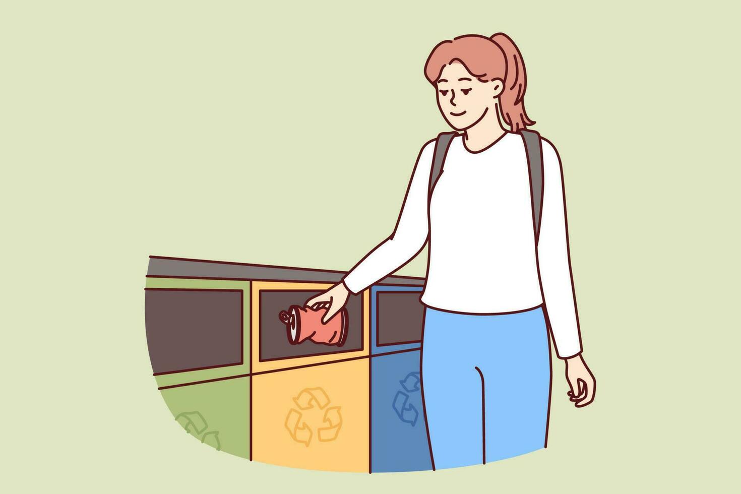 Woman throws iron can into metal trash can to take care of nature for eco consciousness concept. Young girl with backpack takes care of ecology by separating trash for further processing and reuse. vector