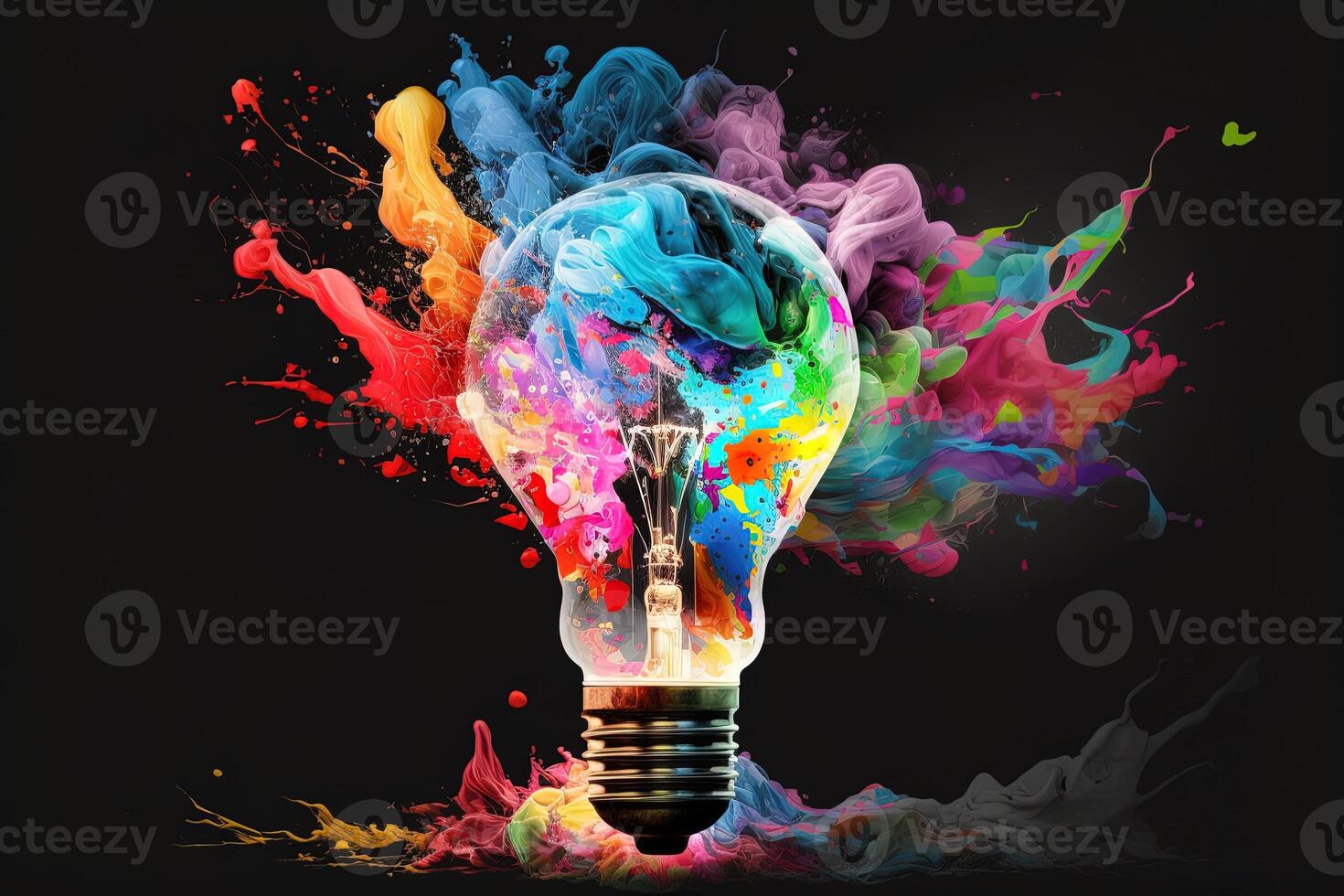 illustration of colorful bulb with splash of colors on black background. Creativity, eureka, imagination, inspiration. . Idea and solution concept photo