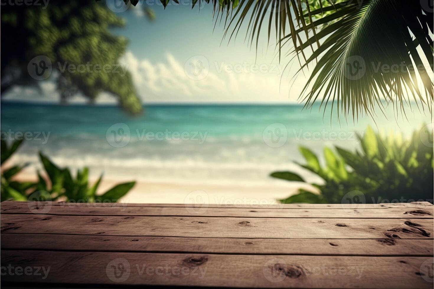 Tropical beach background with a wooden table on the forefront and lush vegetation with lots of copy space, perfect for editing with your product. Empty ready for your product display. photo