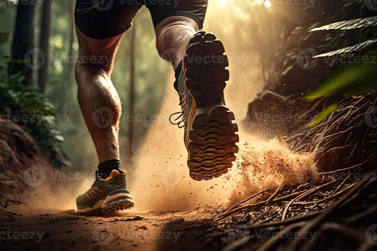 Close-up at the runner feet is running on the dirt route at the jungle, street and road. Trail running sport action and human challenge concept. photo