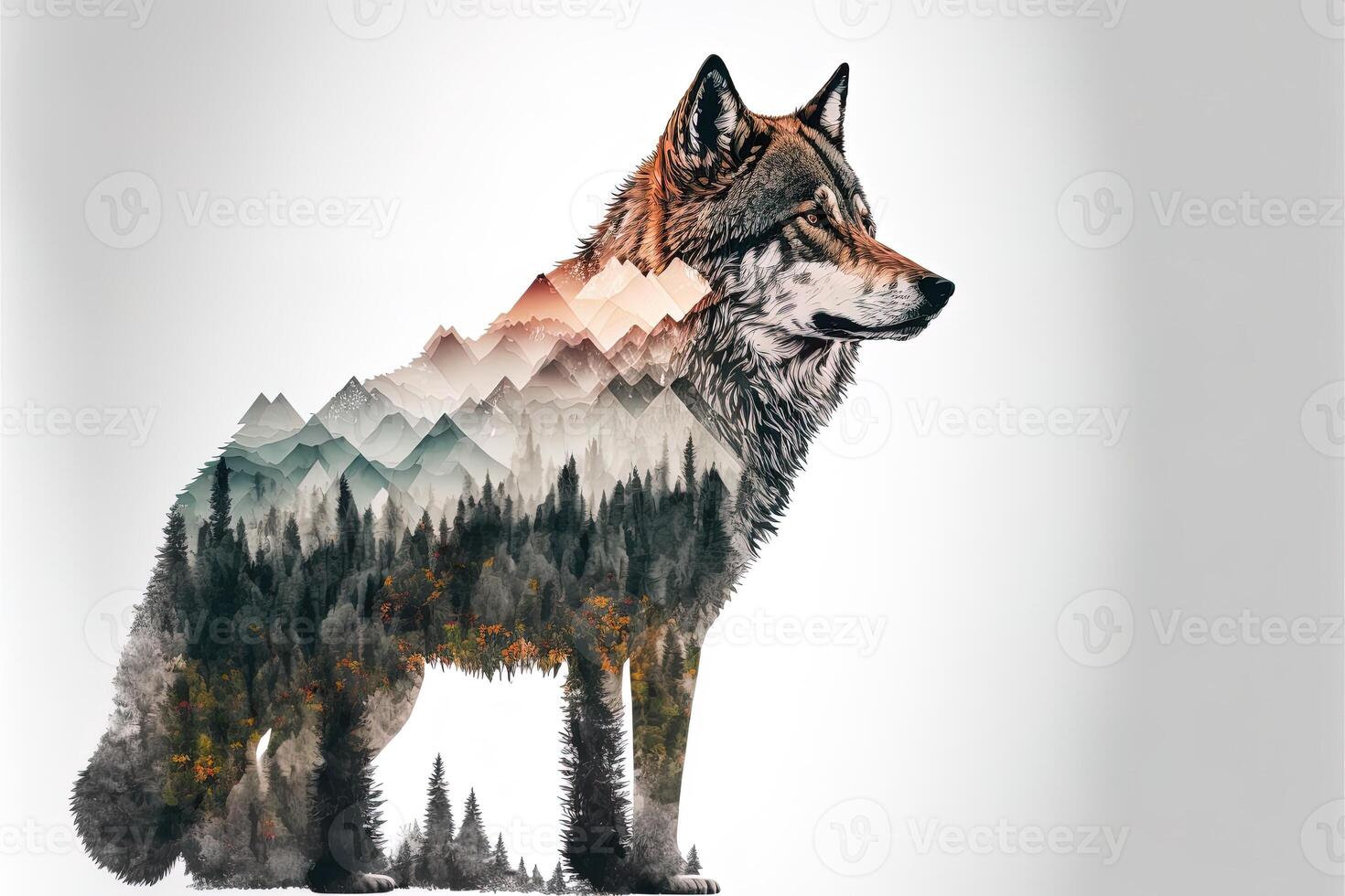 Double exposure of a wolf and jungle on white background. Camping concept. Vintage Grizzly for t-shirt design, sticker, poster, and wallpaper. photo