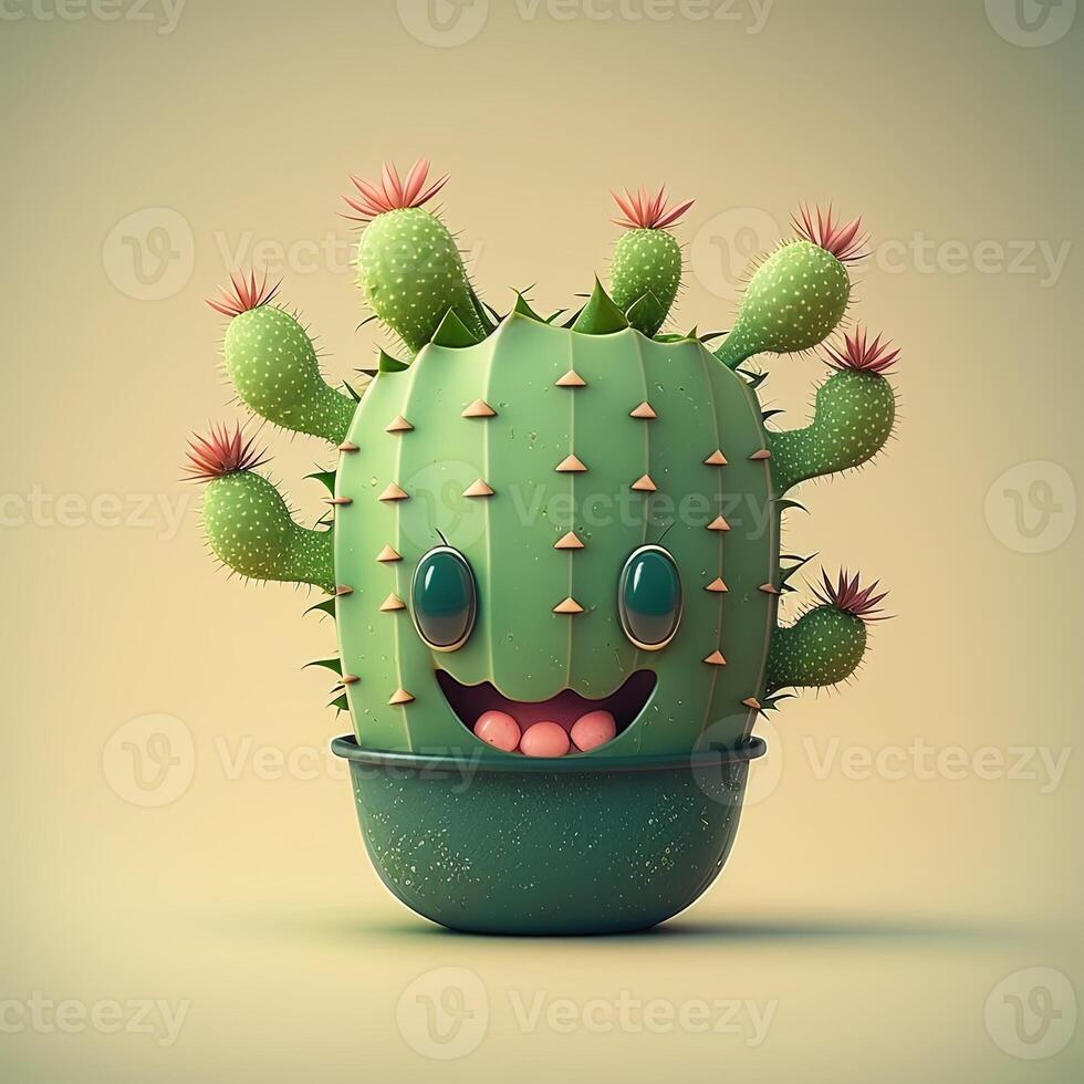 colección de feliz, sonriente, alegre dibujos animados estilo Dom caracteres para verano, vacaciones diseño. dibujos animados cactus sonriente avatar generativo ai foto