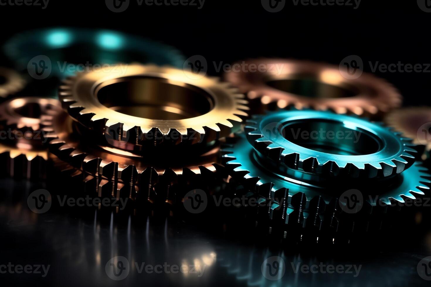 Shiny gears of cold steel colors on dark background. photo