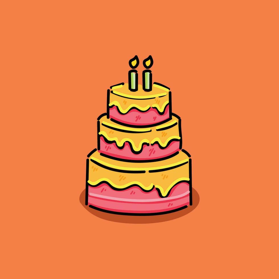 cumpleaños pastel con naranja Formación de hielo y rosado pastel en el naranja antecedentes vector ilustración diseño