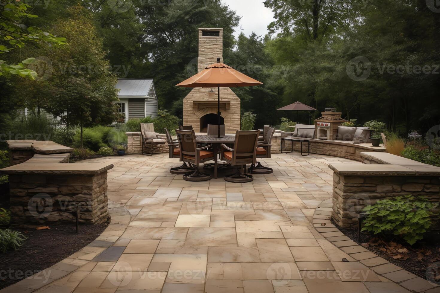 A patio with chairs tables and a fire place in the middle of the yard with a grill and grill in the back ground. photo