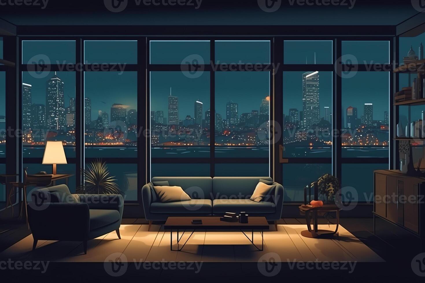 Living room night city view out of glass windows modern design