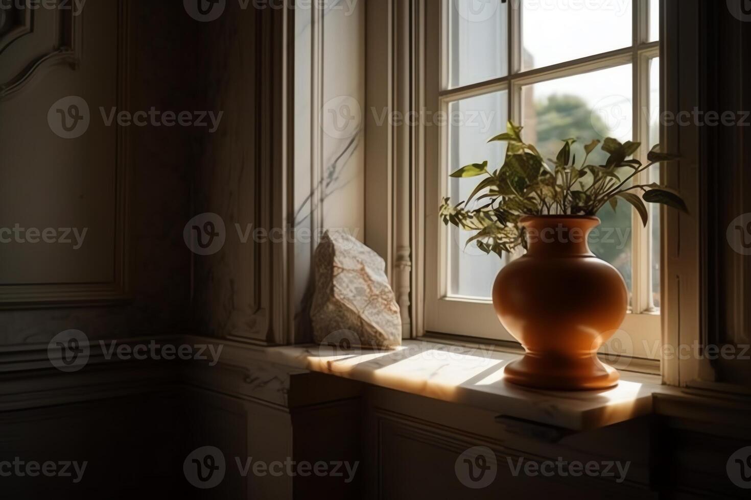 A marble shelf with a vase and a plant on it in the corner of a room with sunlight coming through the window and a window. photo