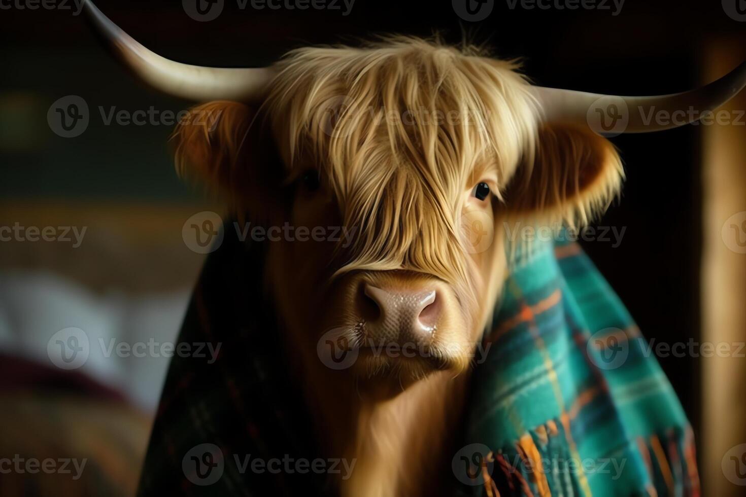 Scottish highland cow wearing green tartan shawl. photo