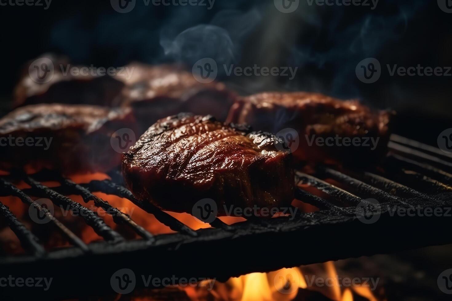 parilla fiesta jugoso A la parrilla carne interrogatorio intenso filete en un fuego parrilla. ai generado foto