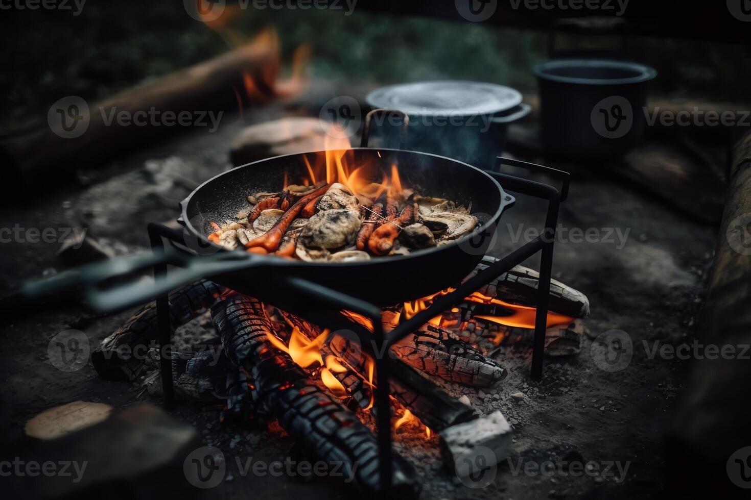 Outdoor cooking at campfire food on fire backyard grill. photo