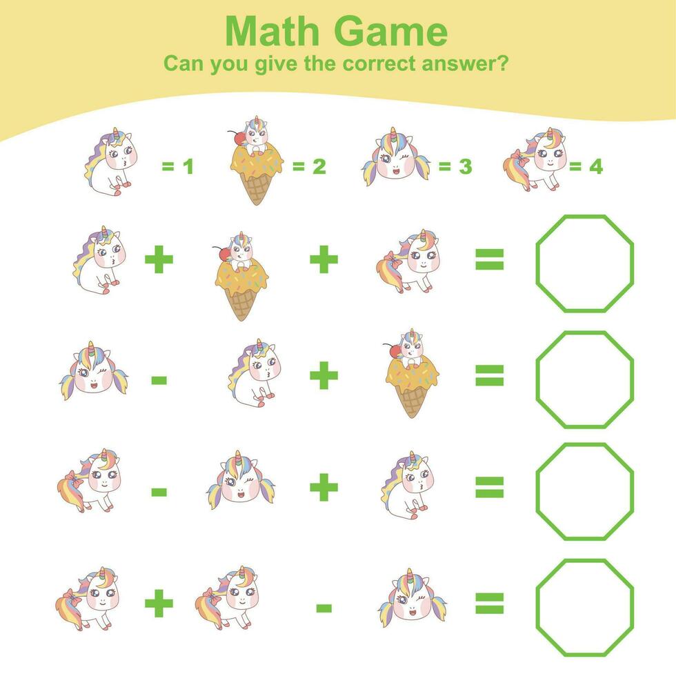 Math worksheet with unicorn theme. Learning how to counting for preschool children. Educational printable sheet. Vector illustration.