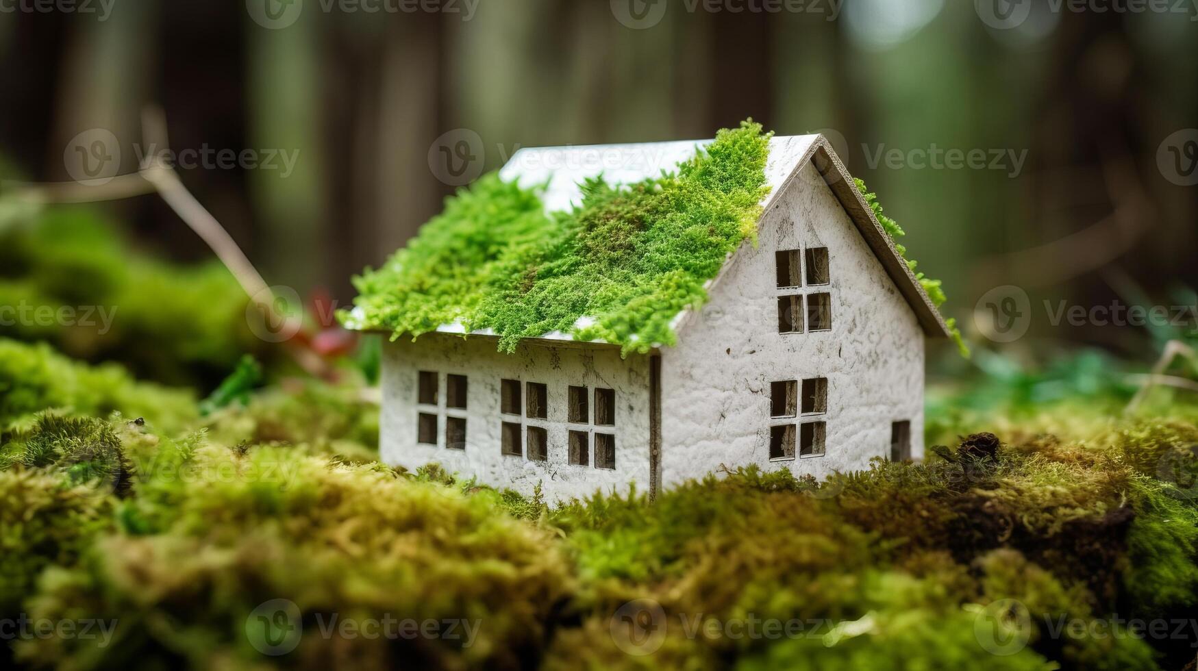 A paper private settled on a bed of greenery in a make, showing an eco-friendly house. Creative resource, photo