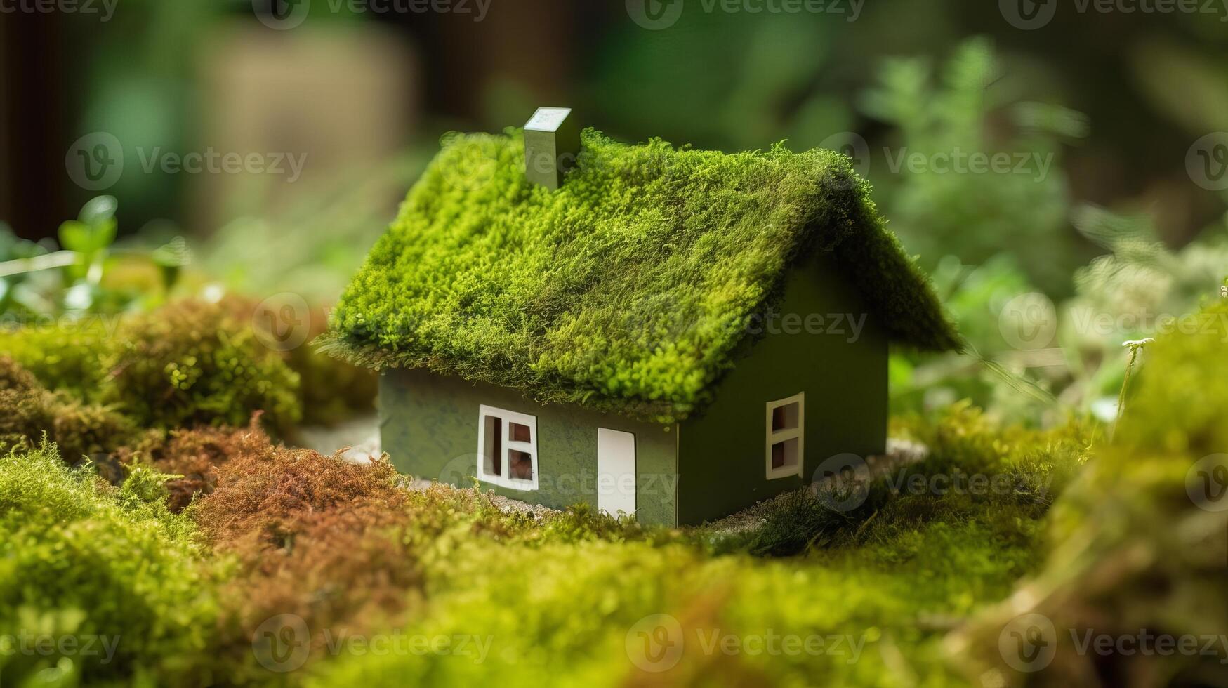 A paper private settled on a bed of greenery in a make, showing an eco-friendly house. Creative resource, photo