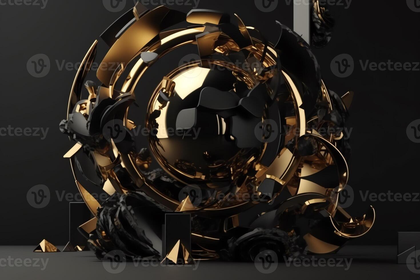 3D render of abstract detailed shape black and gold colors minimal futuristic background. photo