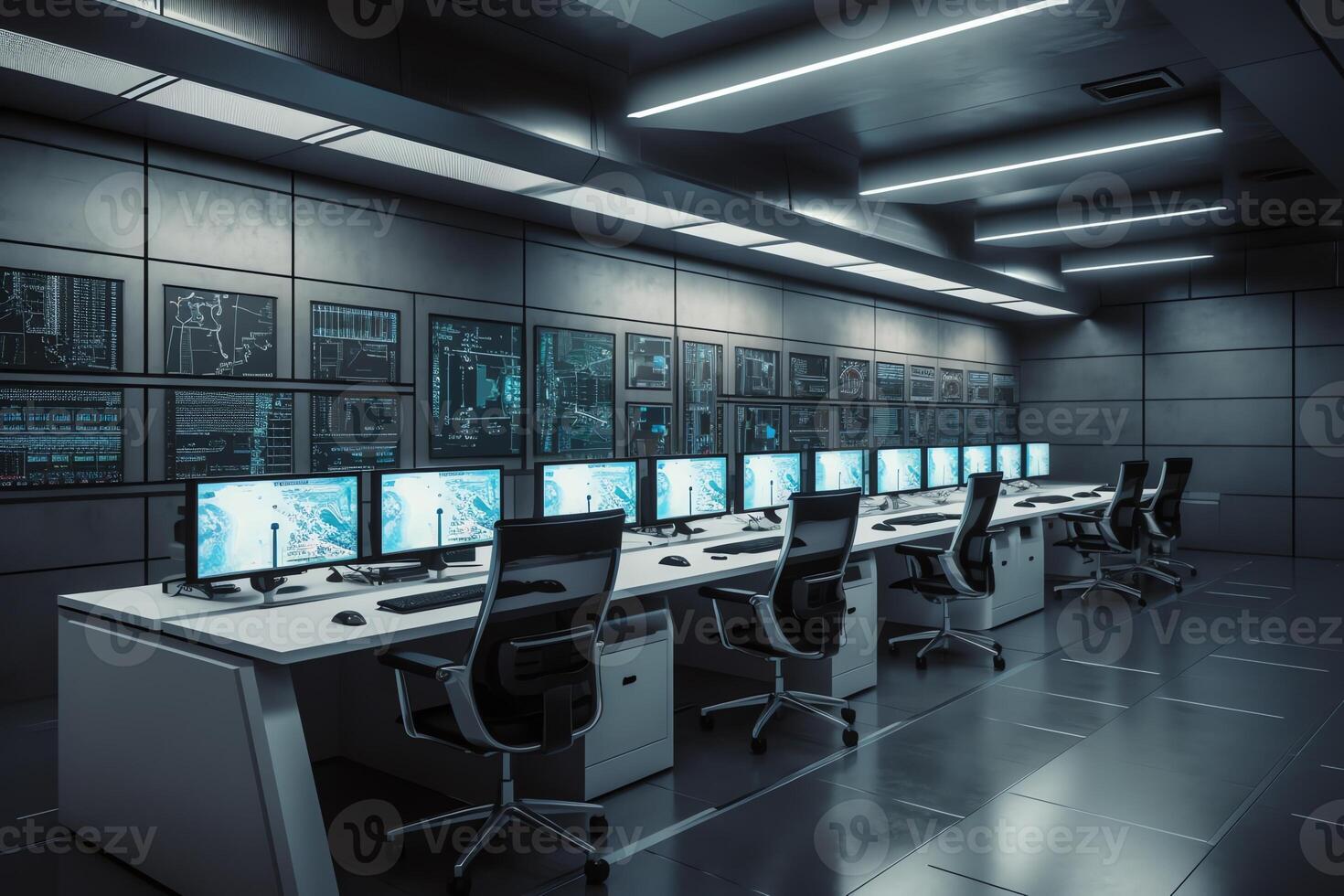 Empty interior of big modern security system control room workstation with multiple displays monitoring room with at security data center empty office desk and chairs. photo