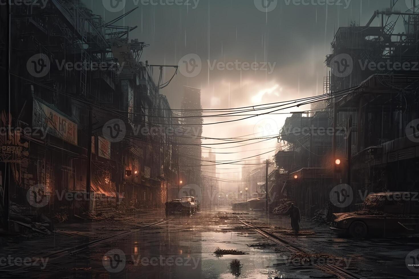 A futuristic cityscape with a post apocalyptic and dark tone. photo