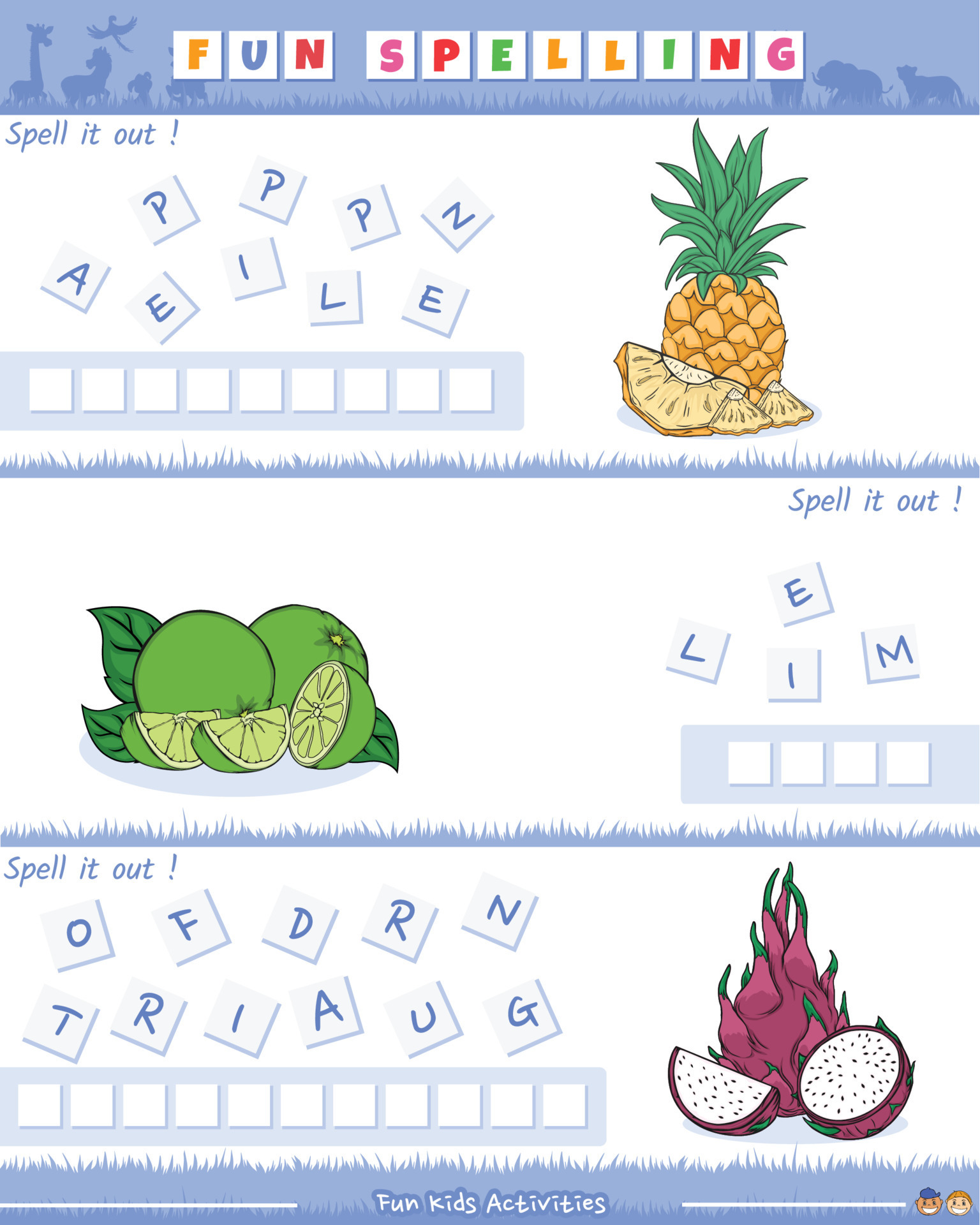 Fun spelling Pineapple, Lime, Dragon fruit. 23344453 Vector Art at Vecteezy