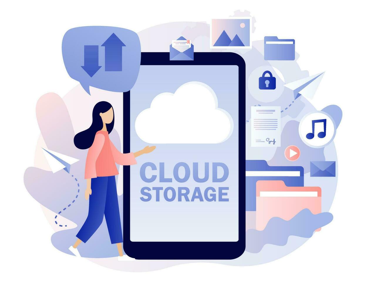 Cloud storage - text on laptop screen. Cloud computing services. Data processing. Tiny people place data, music, photo, video in big cloud server. Modern flat cartoon style. Vector illustration