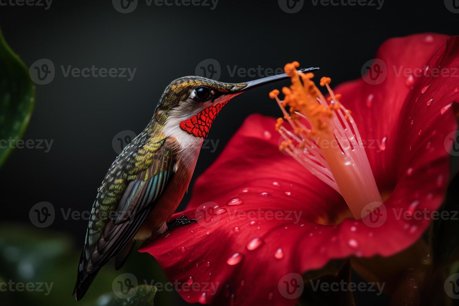 Macro photography of a hummingbird feeding on an hibiscus flower. photo