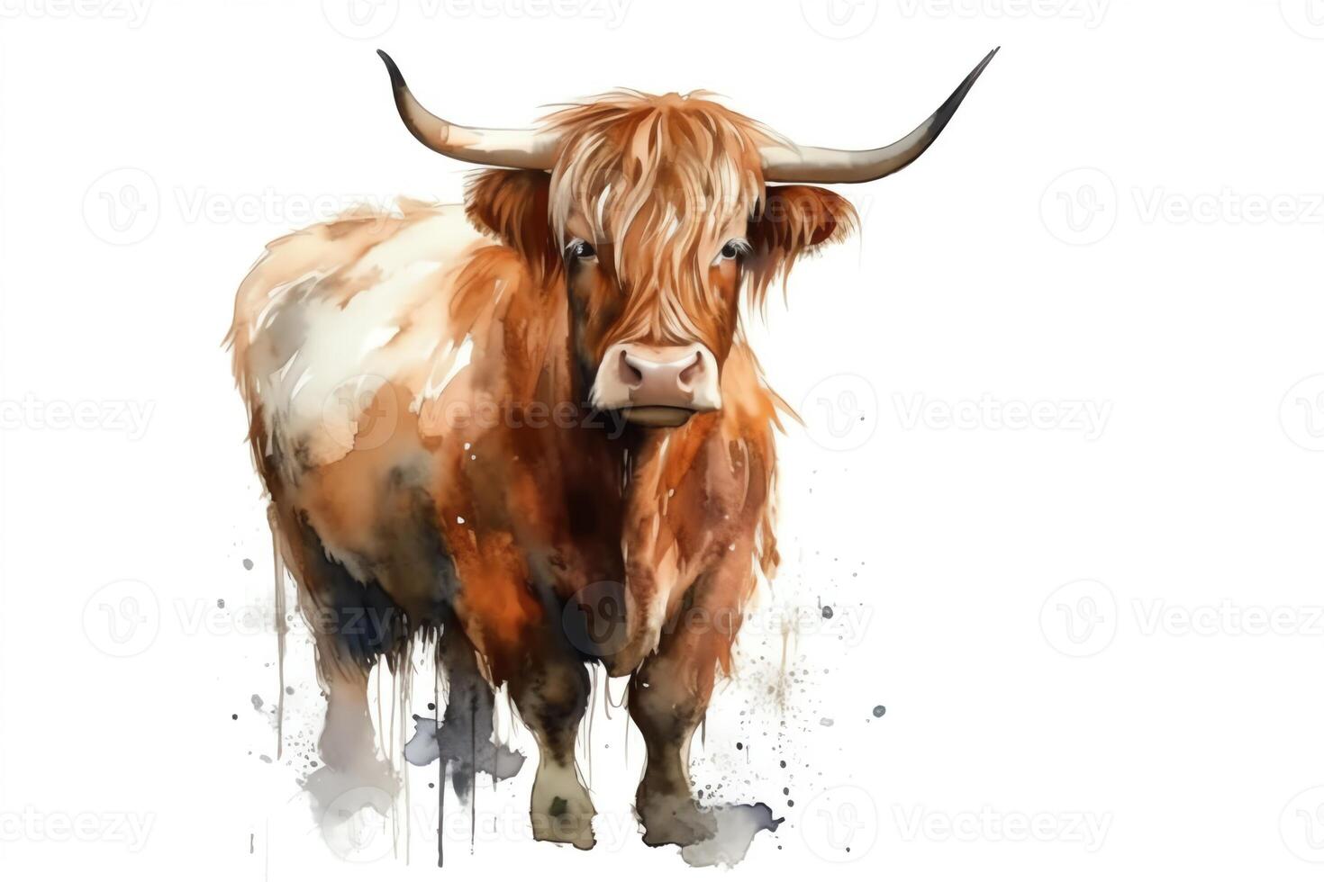 Highland cow isolated on white background farm animals handpainted watercolor illustration agriculture farmland nature village landscape organic farming. photo