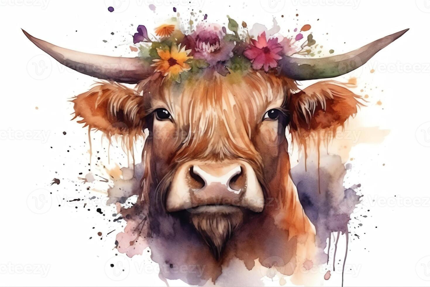 Watercolor scottish highland cow beautiful highland cow with flowers on her head floral headband. photo