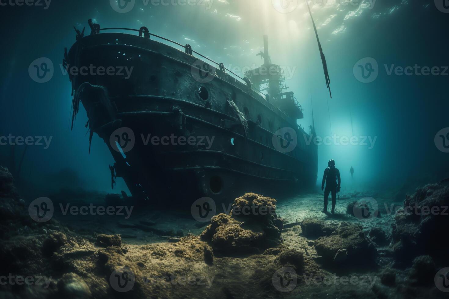 Scuba divers exploring a sunken shipwreck underwater mysteries high quality. photo
