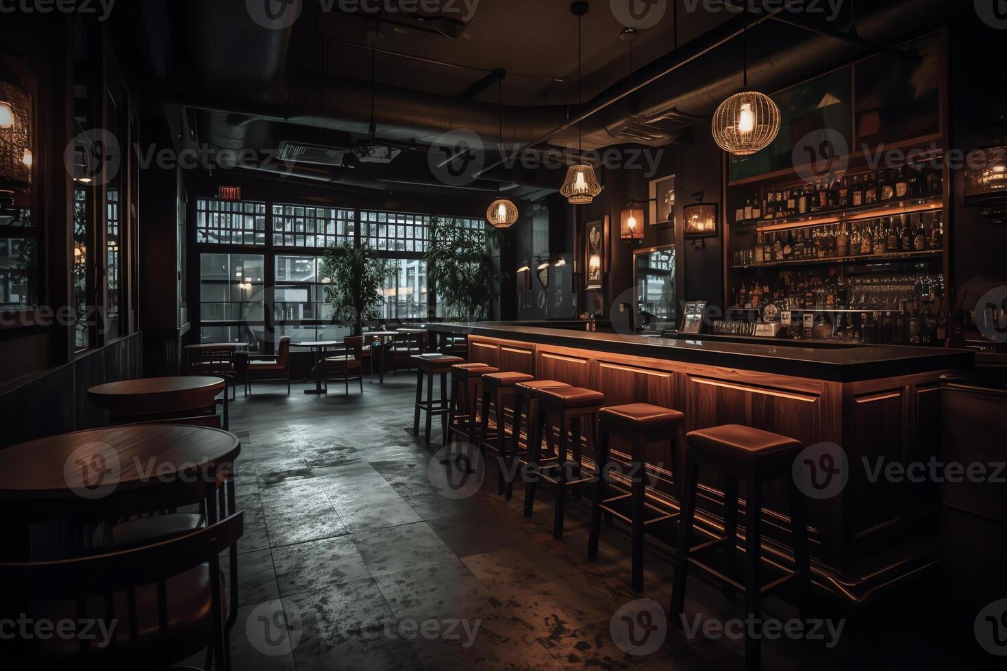 un tenuemente iluminado restaurante con sillas y un bar en el antecedentes con luces colgando desde el techo y colgando desde el techo con un bar en el medio de el medio. ai generado foto