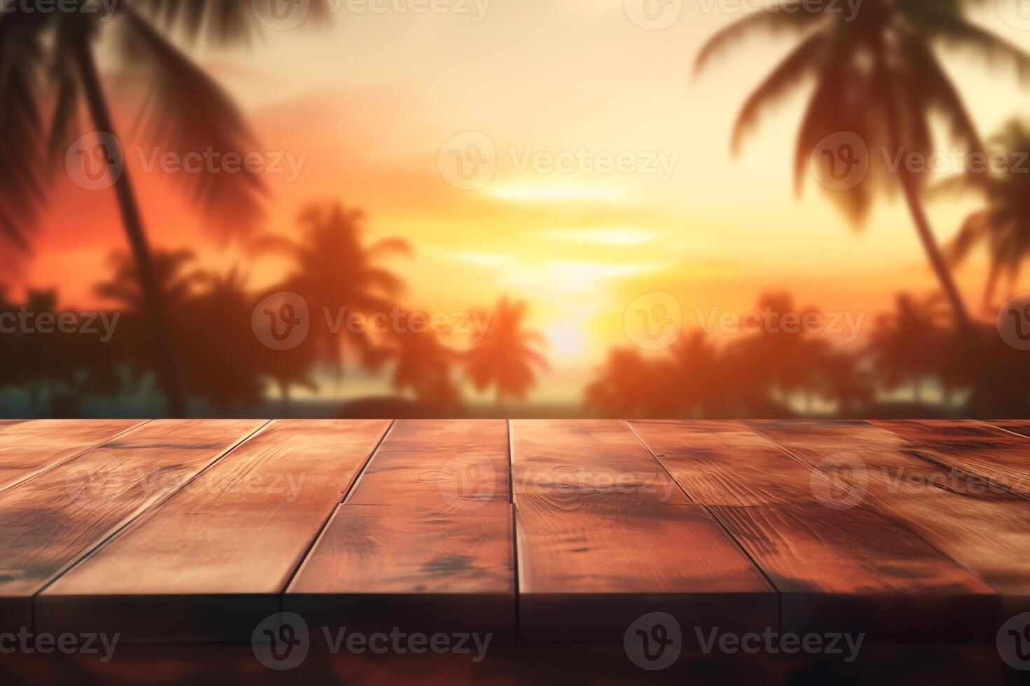 Rustic wooden table and blured palms and sunset product and merchandise display digital art illustration. photo