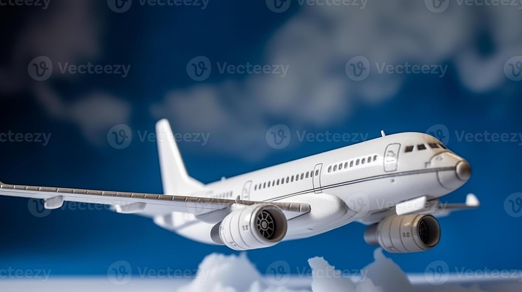 Close of white plane illustrate with clouds on blue establishment. Creative resource, photo