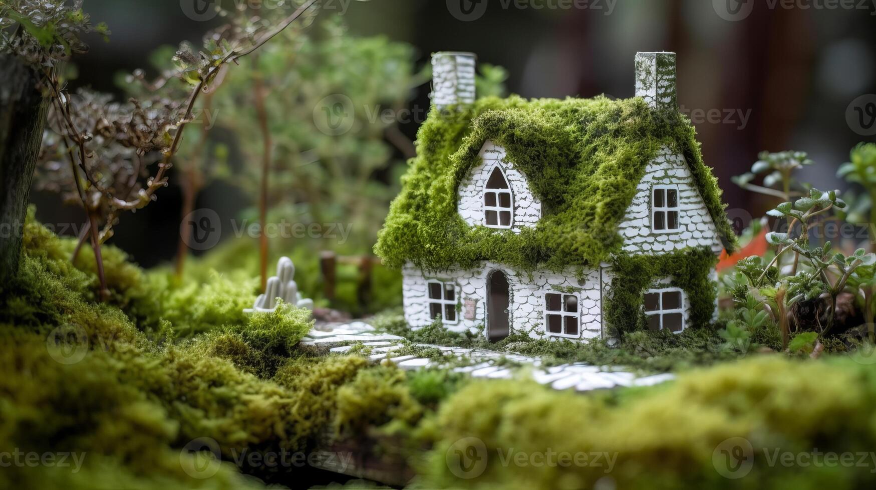 A paper private settled on a bed of greenery in a make, appearing an eco-friendly house. Creative resource, photo