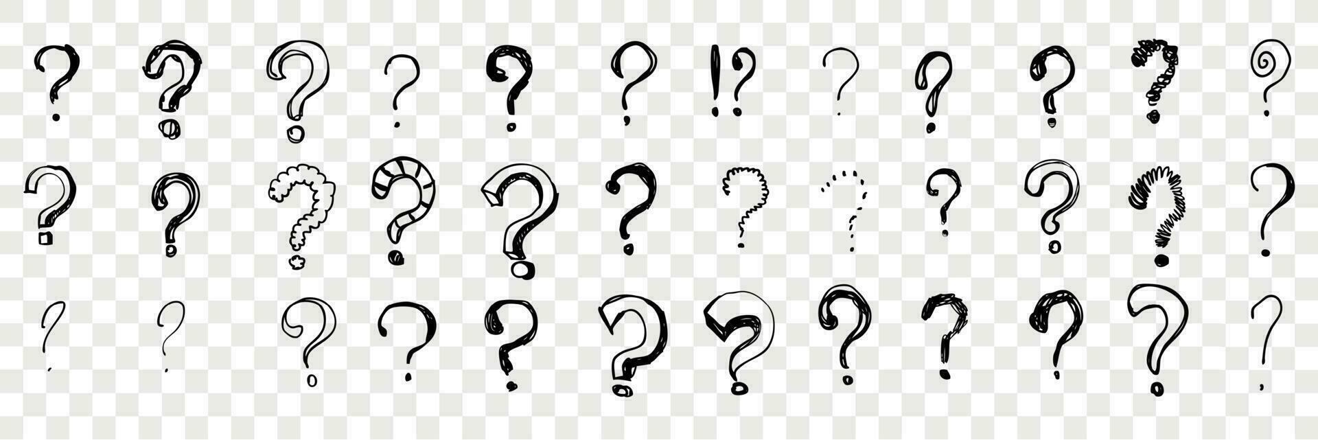 Hand drawn question marks, doodle set collection vector