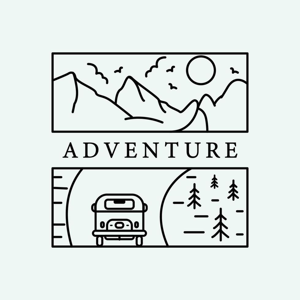 line art adventure icon logo design, mountain and car vector design.
