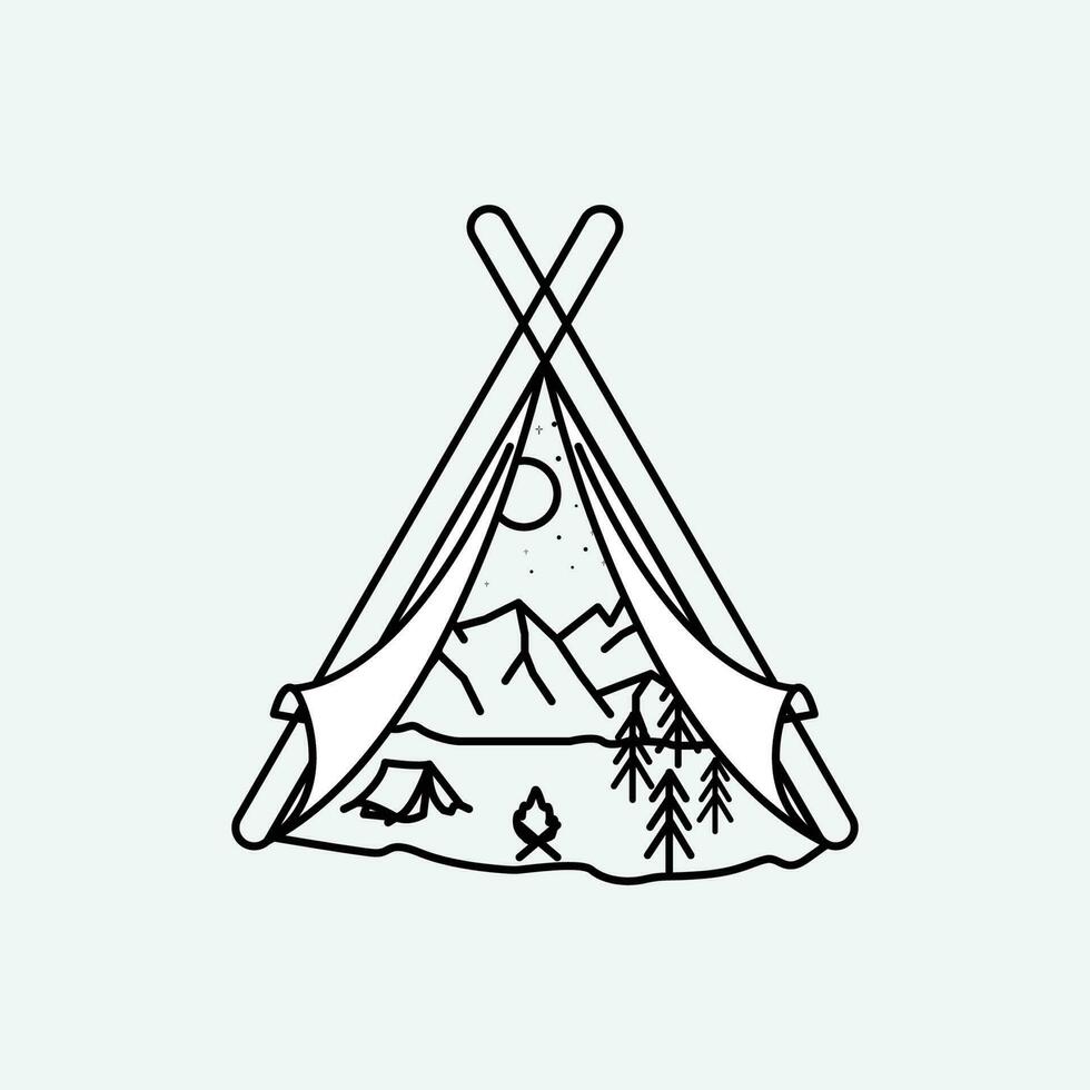 line art adventure icon logo design, mountain and tents illustration design vector