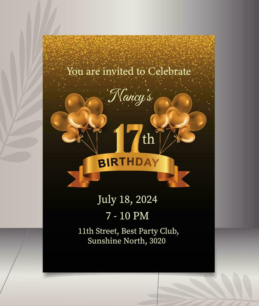 lujo cumpleaños invitación con dorado Brillantina y globos para cumpleaños fiesta vector ilustración