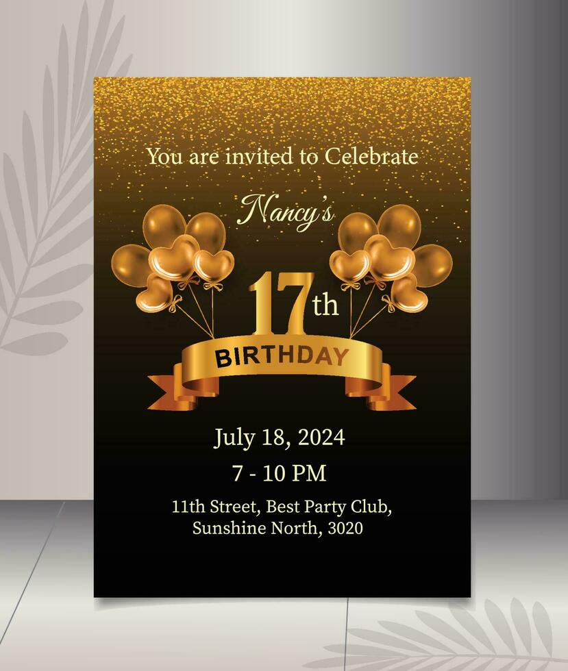 luxury birthday invitation with golden glitter and balloons for birthday party vector illustration