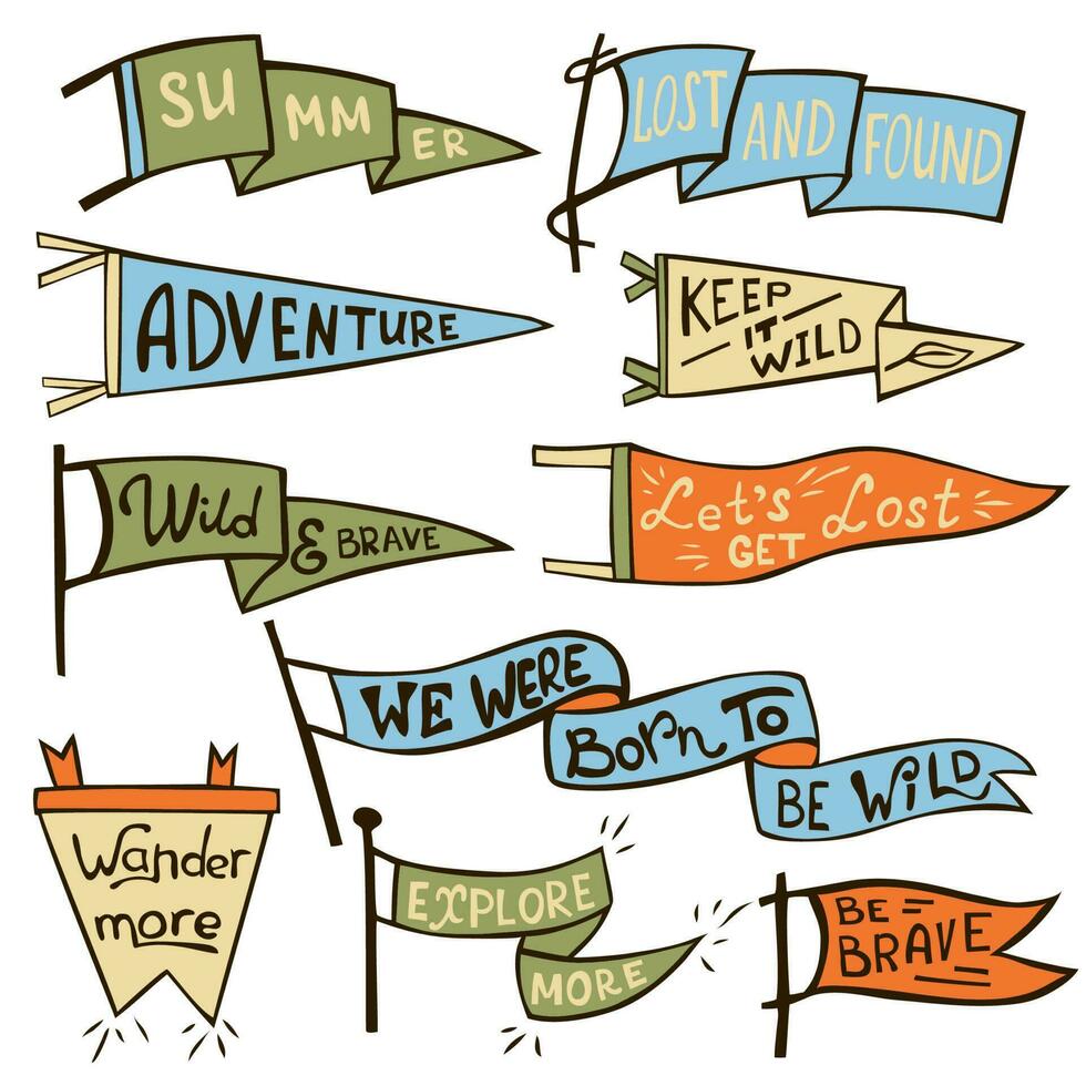 Set of adventure, outdoors, camping colorful pennants. Retro monochrome labels. Hand drawn wanderlust style. Pennant travel flags design vector