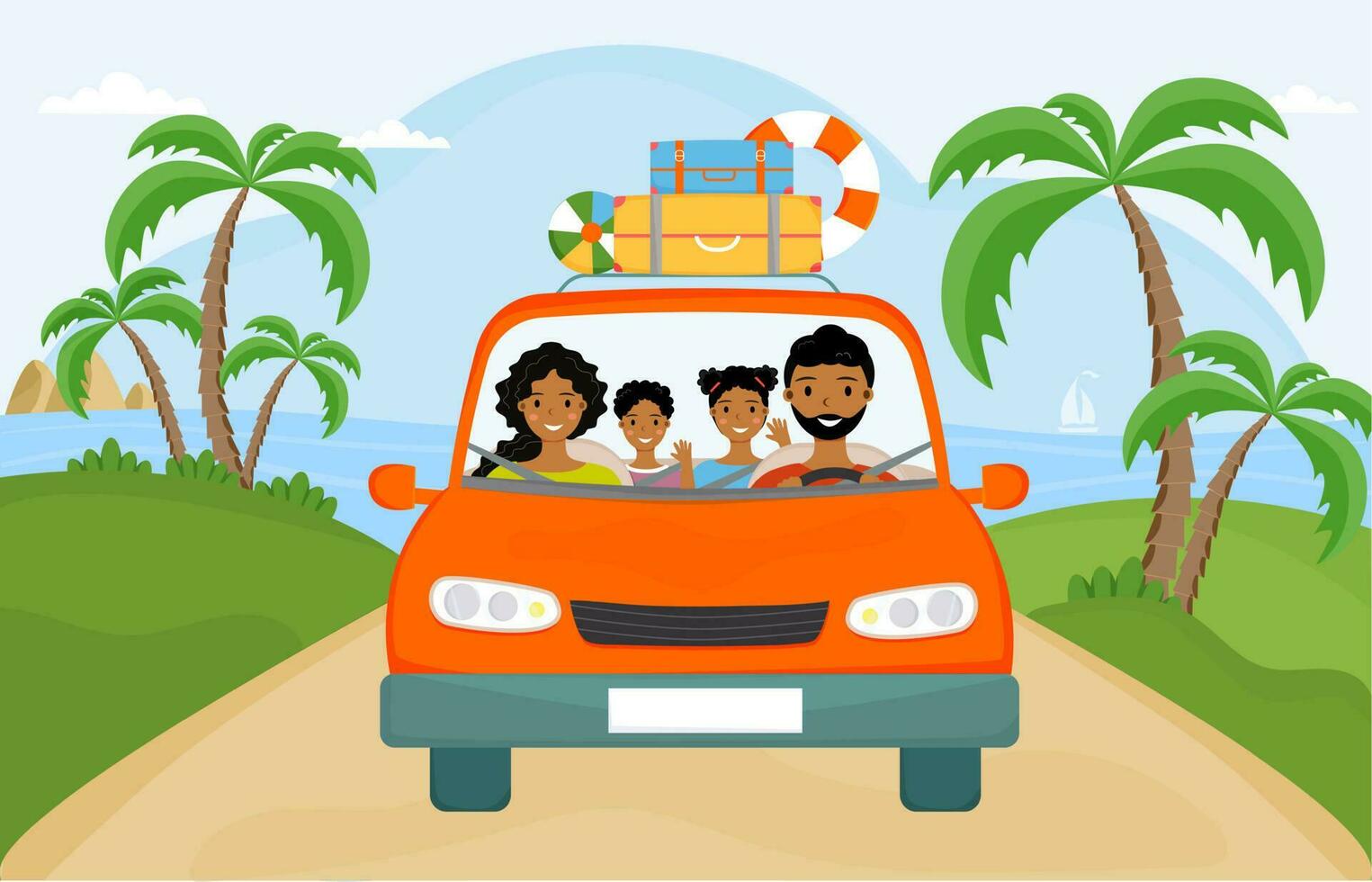 contento africano americano familia montando coche. verano de viaje por automóvil. negro padres y dos niños en vacaciones. verano la carretera viaje. familia de oscuro piel personas con niños en el rojo coche. vector