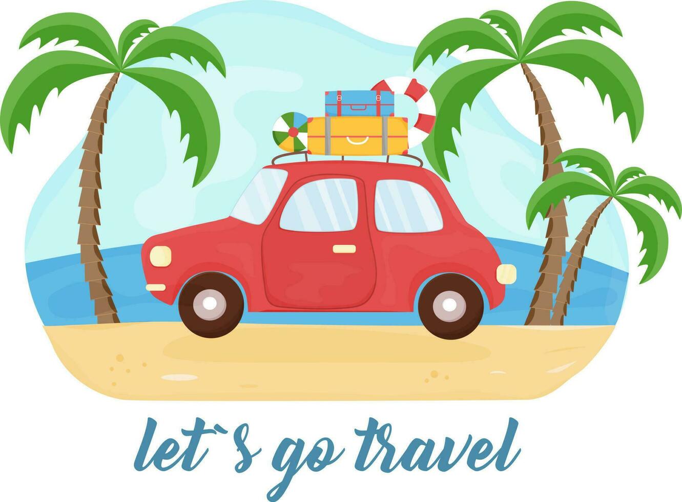 Red car with suitcases is driving on the beach. Summer background with auto, sea, beach, palms. Vacation, tourism, summer trip, holiday. Let's go travel inscription. Vector illustration