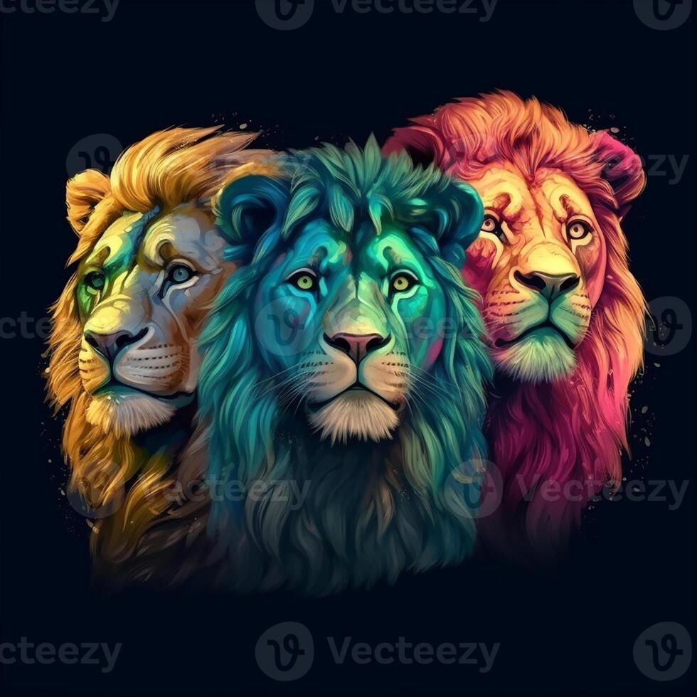 Tres de colores leones arte, león cabeza ilustración, ai generativo foto
