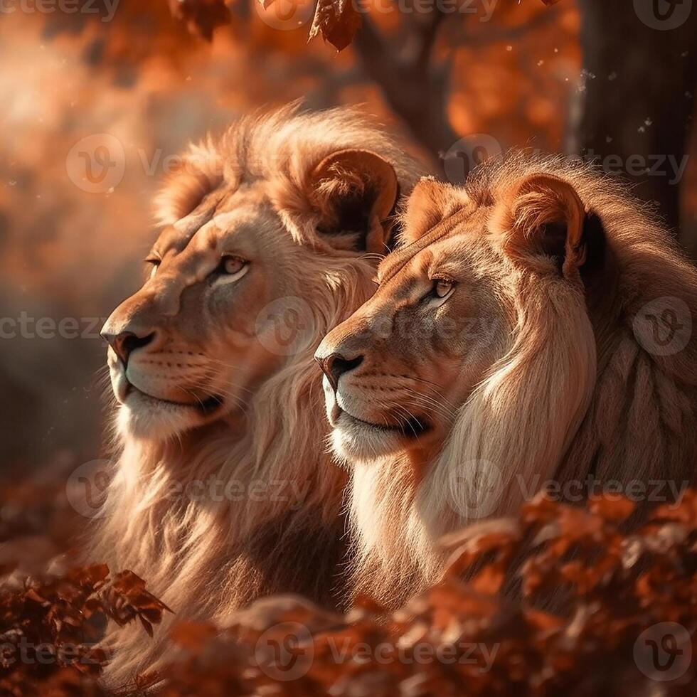 majestic brother lions setting in woods under sunset, photo