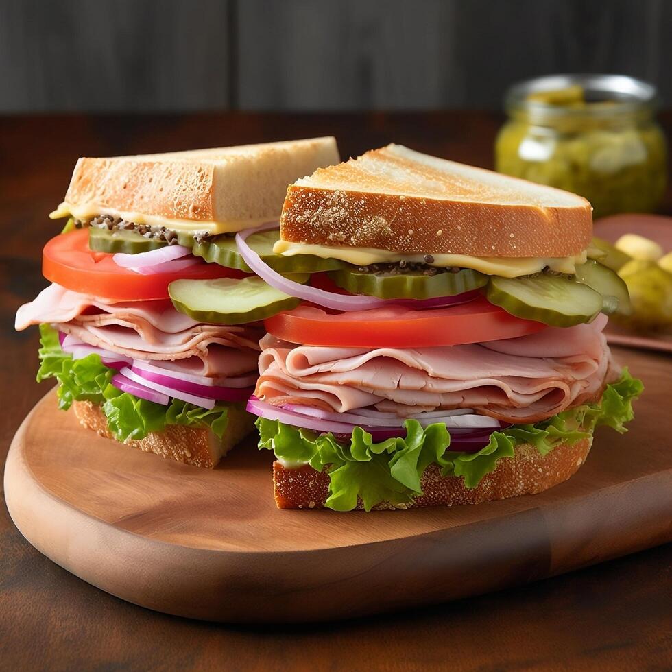 rápido comida desayuno sándwiches, un pan con vegetales y carne. en el Mañana ligero conferencia ai generado foto