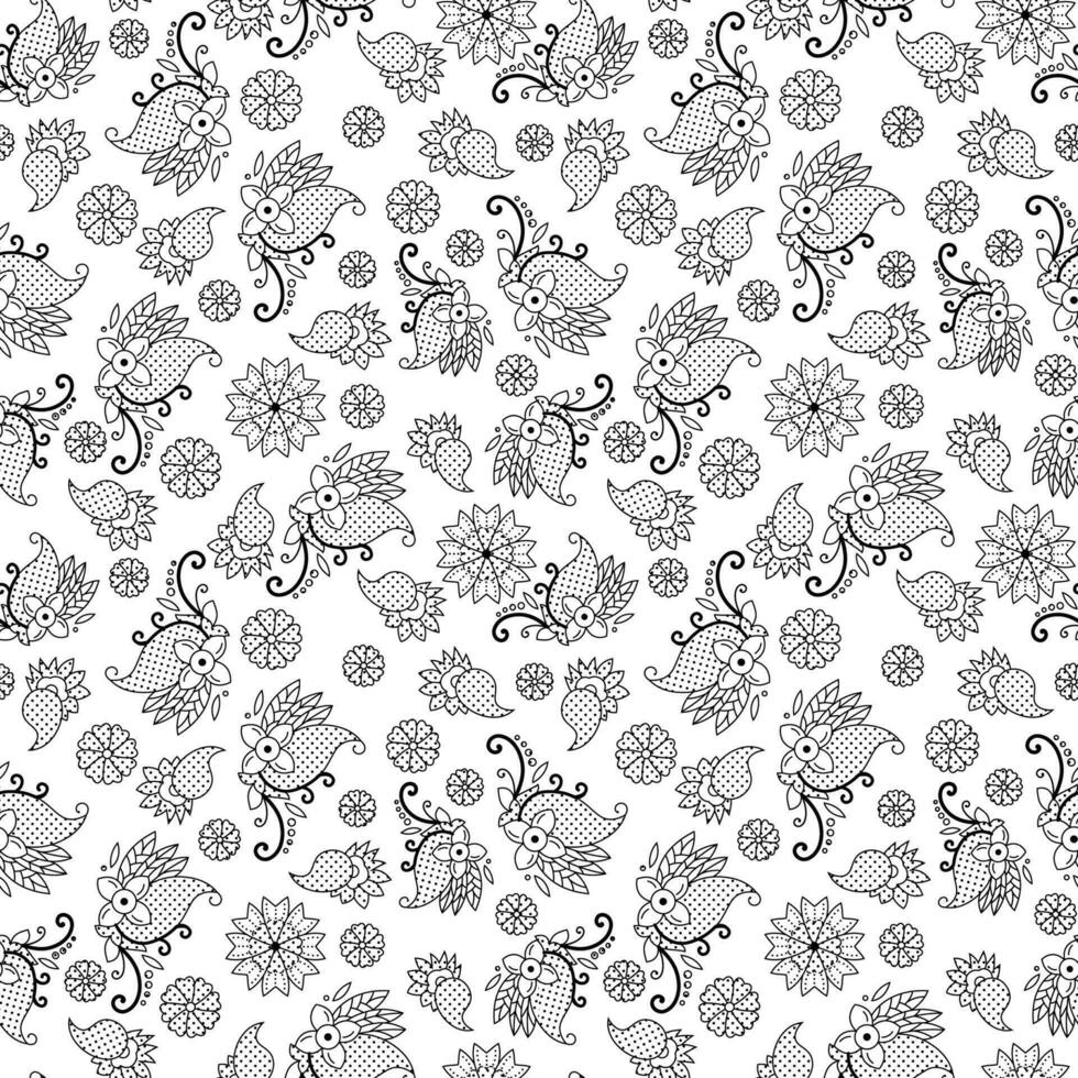 black and white vector outline paisley with small flower seamless pattern texture background