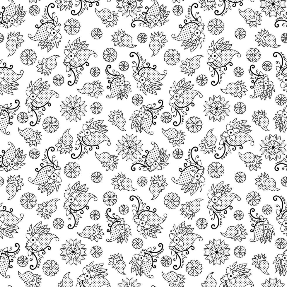 black and white vector outline paisley with small flower seamless pattern texture background