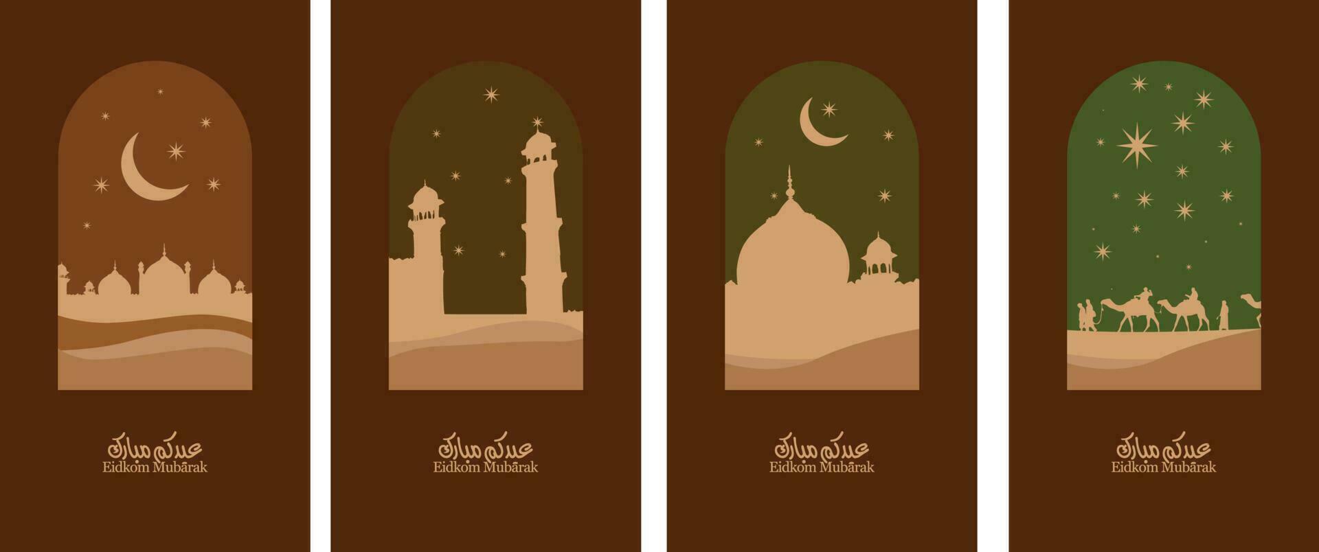 colección de moderno estilo eid Mubarak saludo gráfico tarjetas con retro boho diseño, luna, mezquita cúpula, y camellos traducido contento eid vector